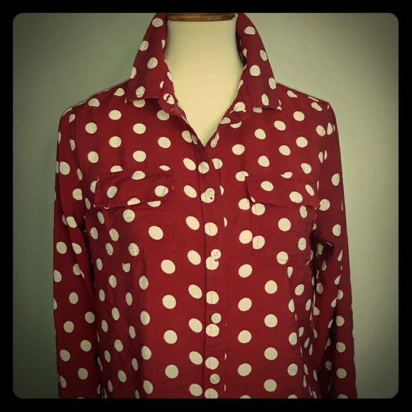 Van Heusen Tops - DARK CRANBERRY WHITE POLKA DOT SHIRT